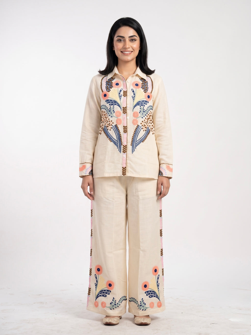 Sakant Cotton Linen Floral Embroidered Co-ord Set for Women | Ivory Shirt & Palazzo | Festive Casual