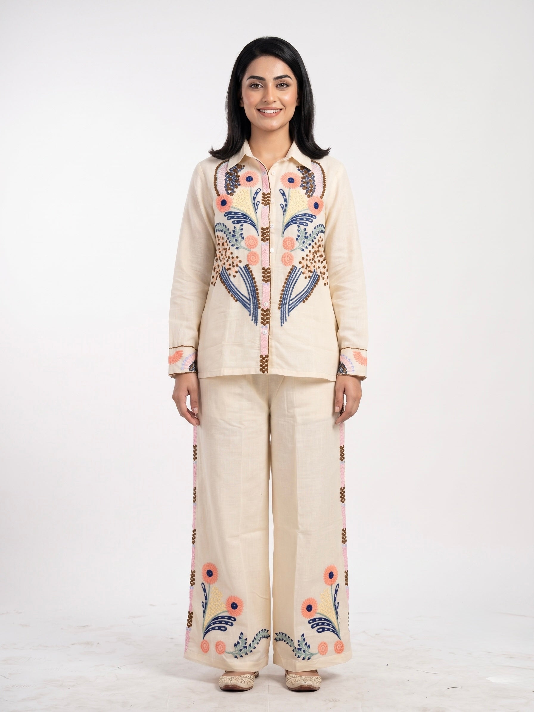 Sakant Cotton Linen Floral Embroidered Co-ord Set for Women | Ivory Shirt & Palazzo | Festive Casual