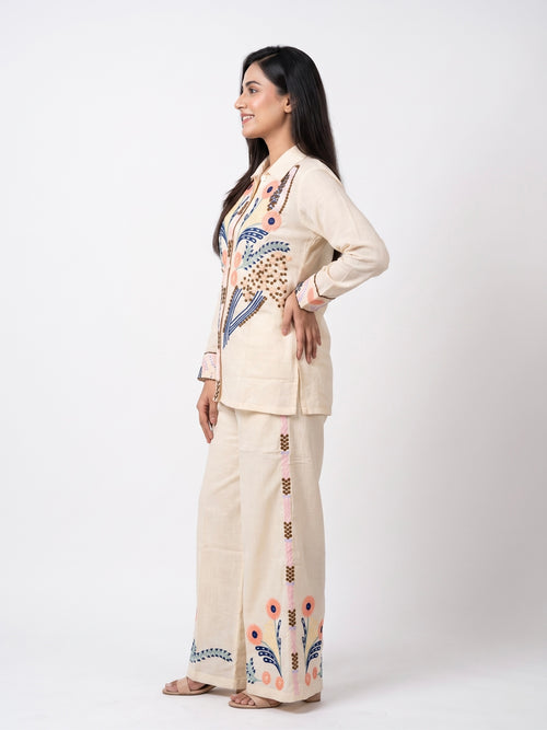 Sakant Cotton Linen Floral Embroidered Co-ord Set for Women | Ivory Shirt & Palazzo | Festive Casual