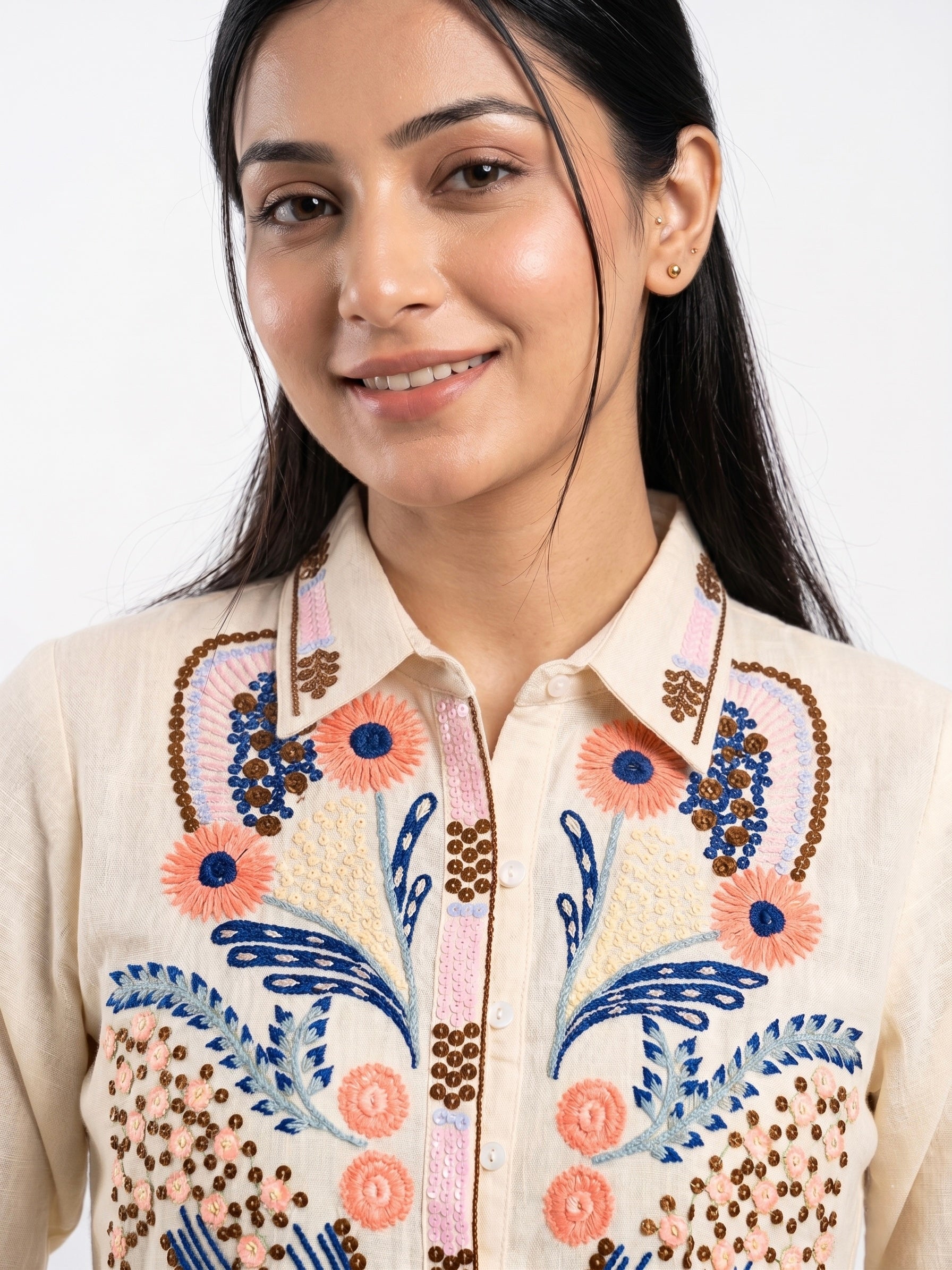Sakant Cotton Linen Floral Embroidered Co-ord Set for Women | Ivory Shirt & Palazzo | Festive Casual