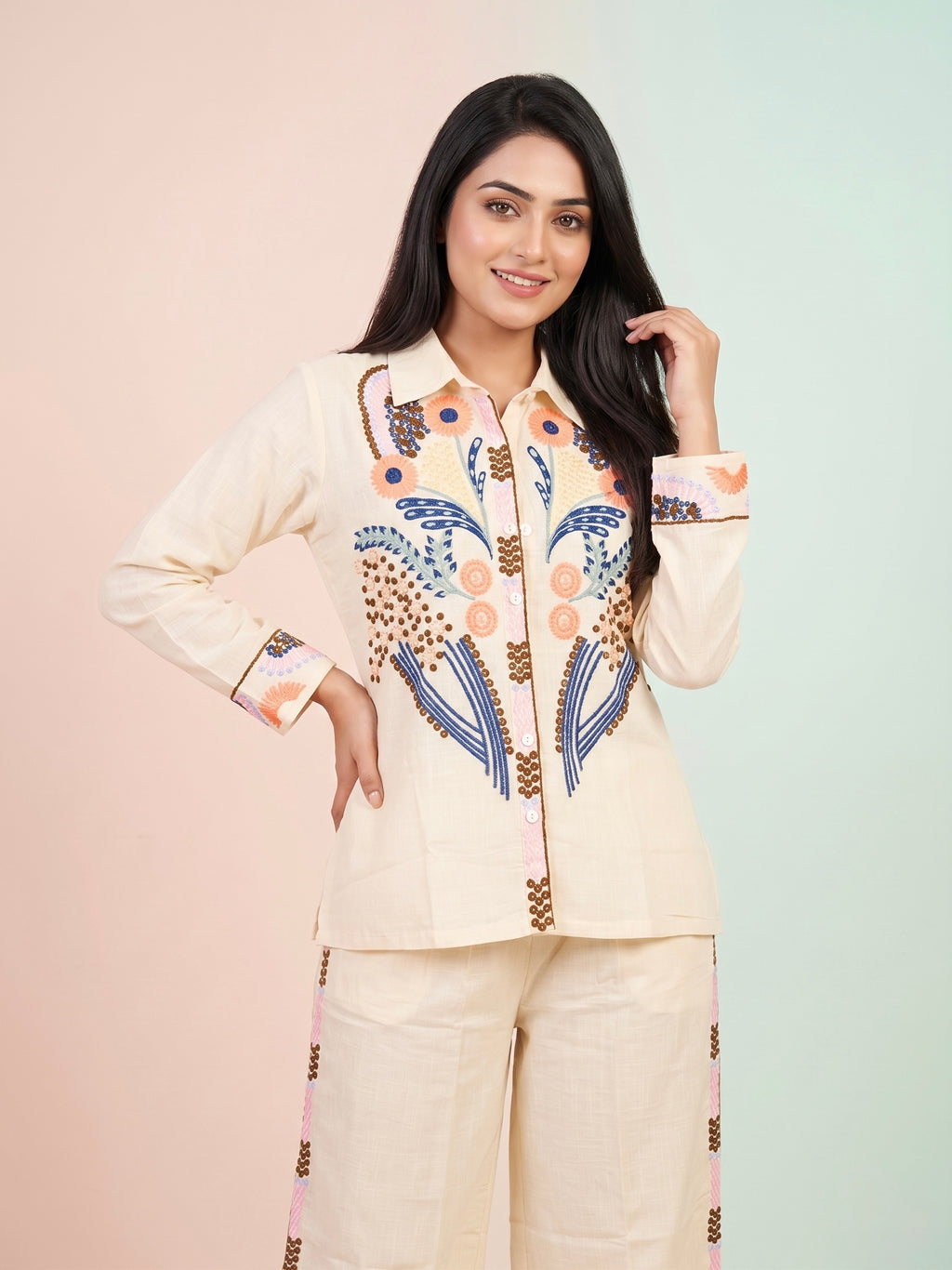 Sakant Cotton Linen Floral Embroidered Co-ord Set for Women | Ivory Shirt & Palazzo | Festive Casual