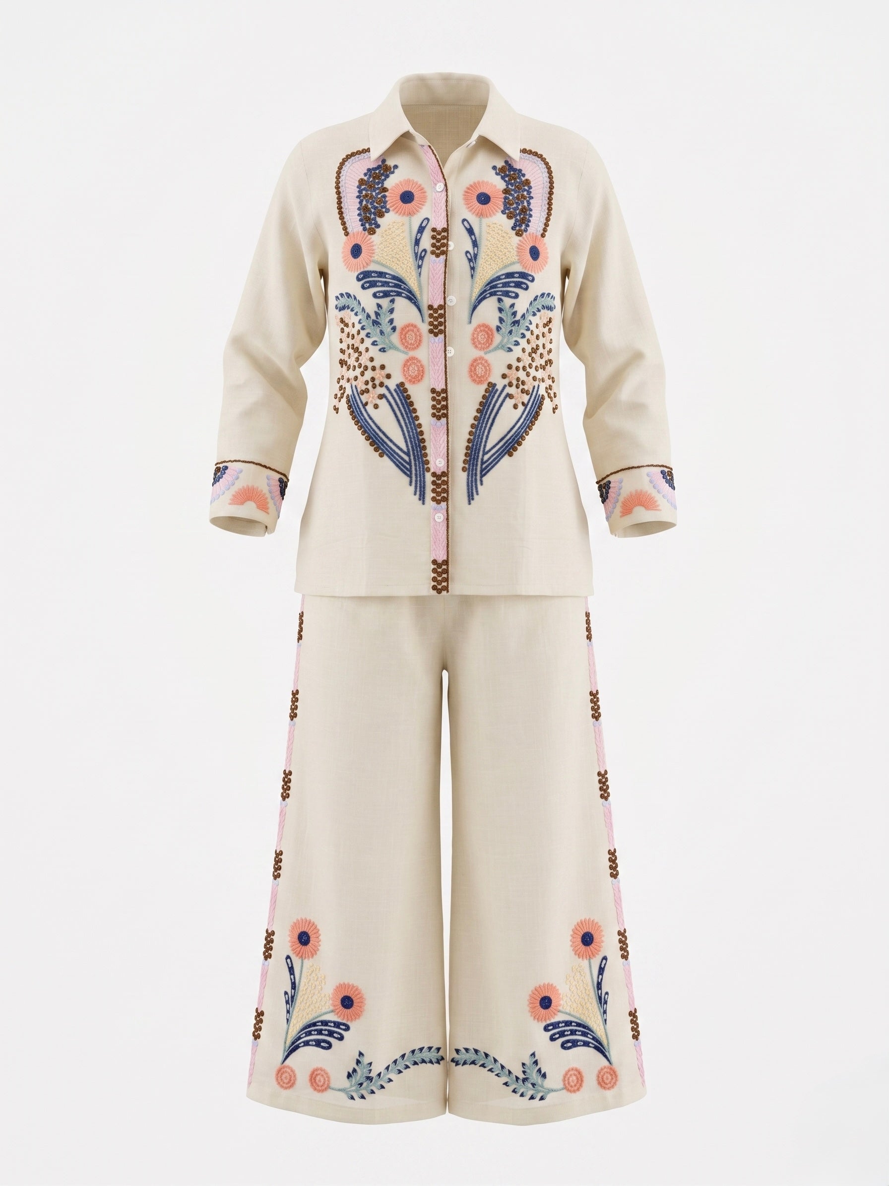 Sakant Cotton Linen Floral Embroidered Co-ord Set for Women | Ivory Shirt & Palazzo | Festive Casual