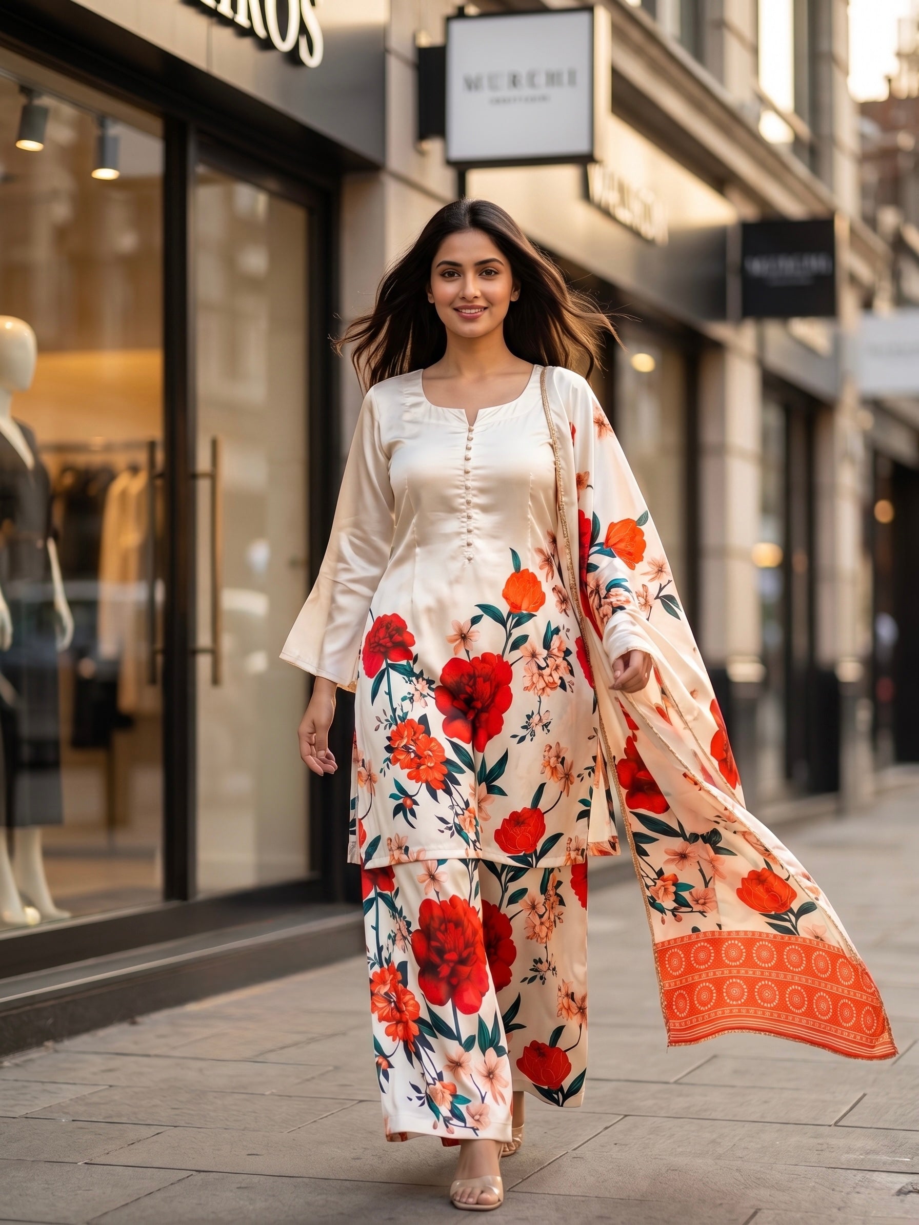 Women's Floral Printed Satin Kurti Palazzo Dupatta 3-Piece Suit Set | Ivory Red Festive Farsi Palazzo Set | Bell Sleeve A-Line Kurti Suit | Readymade M-XXL
