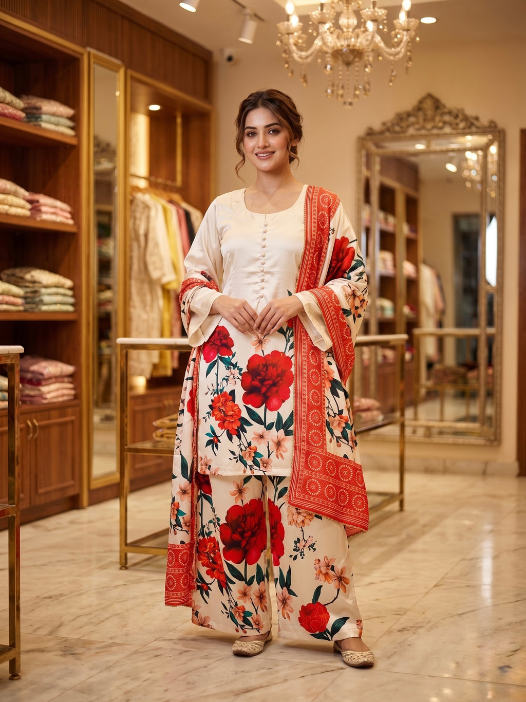 Women's Floral Printed Satin Kurti Palazzo Dupatta 3-Piece Suit Set | Ivory Red Festive Farsi Palazzo Set | Bell Sleeve A-Line Kurti Suit | Readymade M-XXL