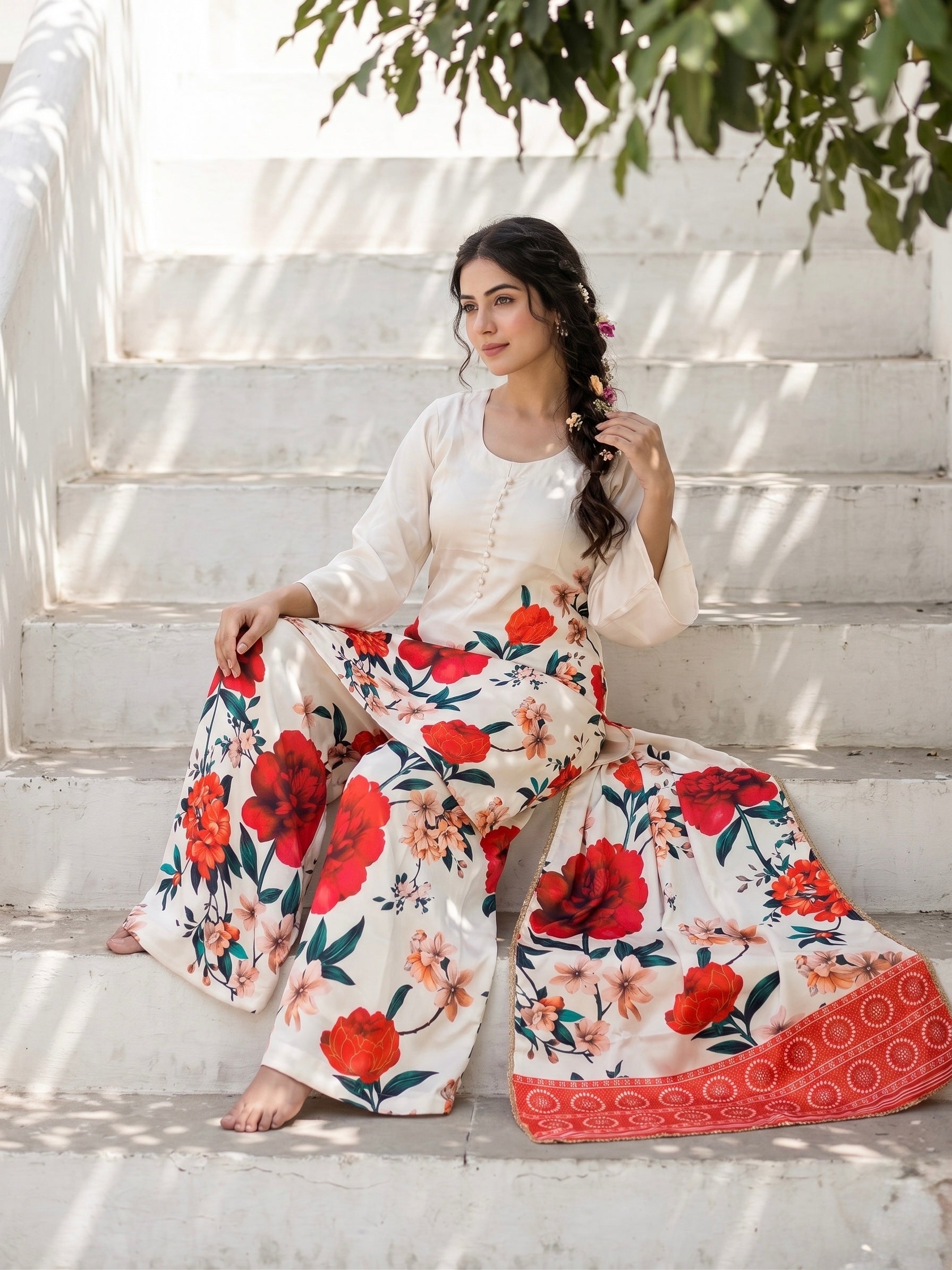 Women's Floral Printed Satin Kurti Palazzo Dupatta 3-Piece Suit Set | Ivory Red Festive Farsi Palazzo Set | Bell Sleeve A-Line Kurti Suit | Readymade M-XXL