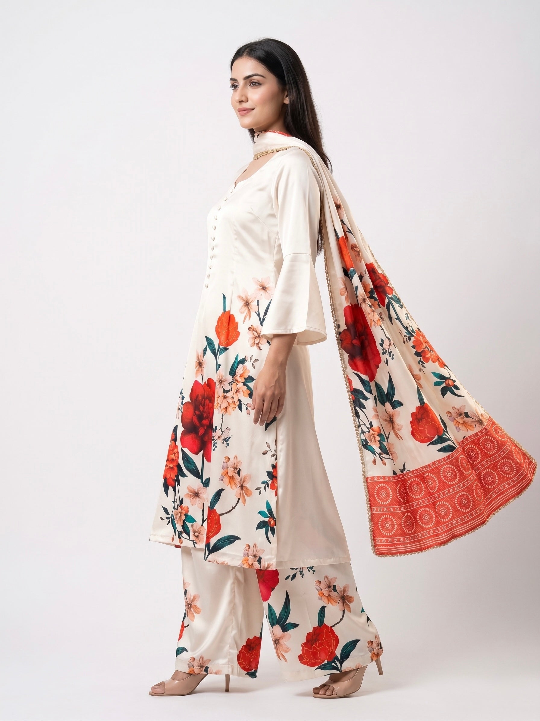 Women's Floral Printed Satin Kurti Palazzo Dupatta 3-Piece Suit Set | Ivory Red Festive Farsi Palazzo Set | Bell Sleeve A-Line Kurti Suit | Readymade M-XXL