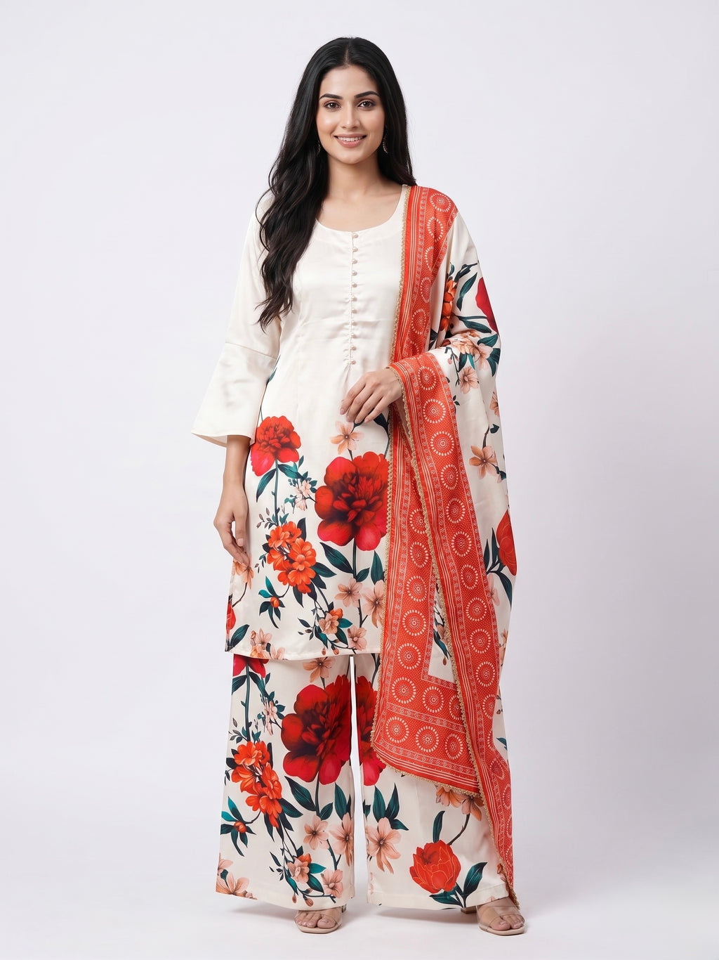 Women's Floral Printed Satin Kurti Palazzo Dupatta 3-Piece Suit Set | Ivory Red Festive Farsi Palazzo Set | Bell Sleeve A-Line Kurti Suit | Readymade M-XXL