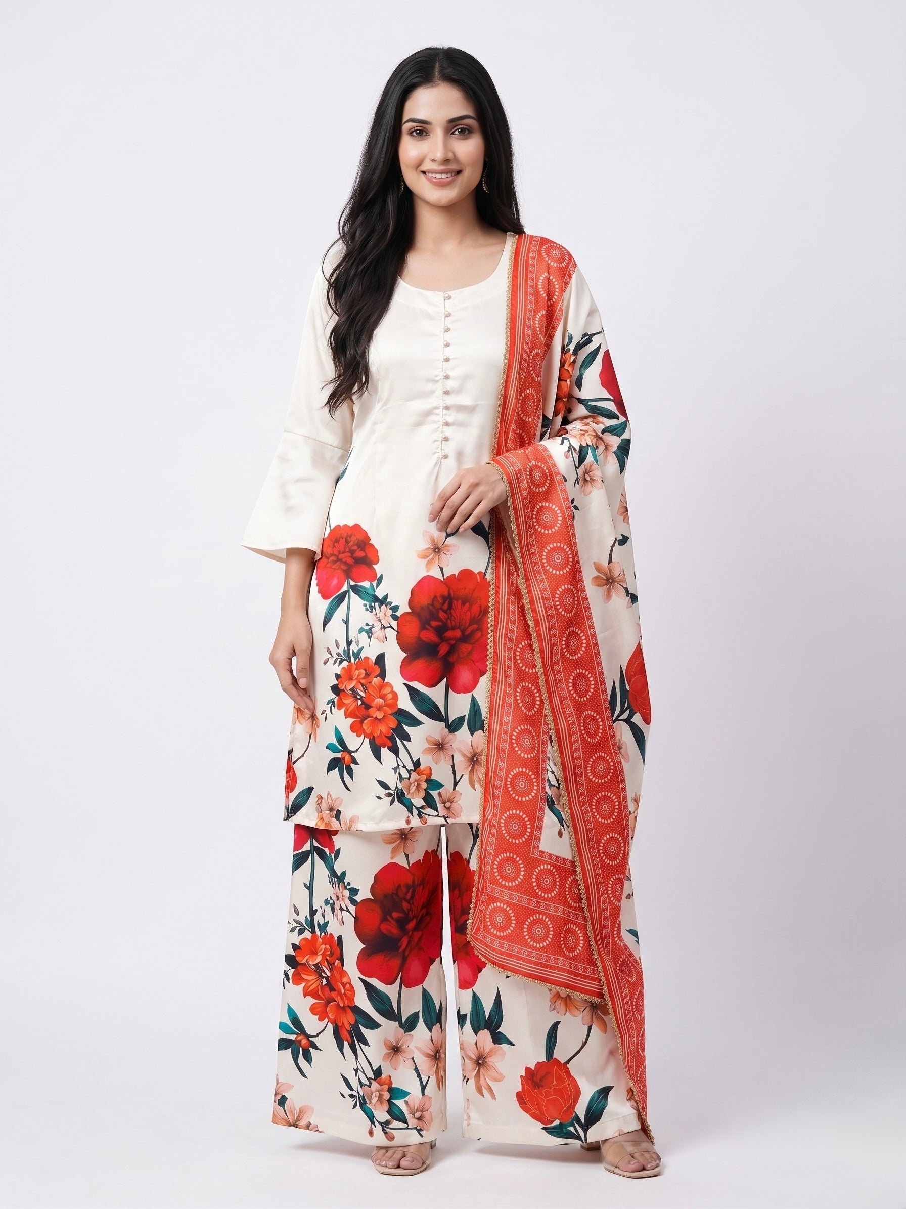 Women's Floral Printed Satin Kurti Palazzo Dupatta 3-Piece Suit Set | Ivory Red Festive Farsi Palazzo Set | Bell Sleeve A-Line Kurti Suit | Readymade M-XXL