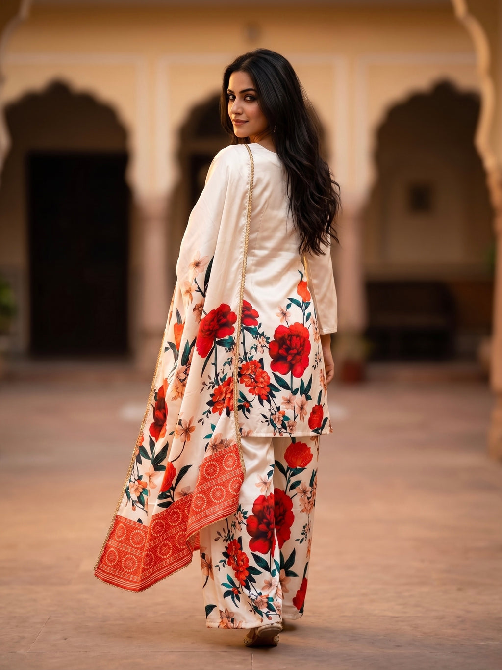 Women's Floral Printed Satin Kurti Palazzo Dupatta 3-Piece Suit Set | Ivory Red Festive Farsi Palazzo Set | Bell Sleeve A-Line Kurti Suit | Readymade M-XXL