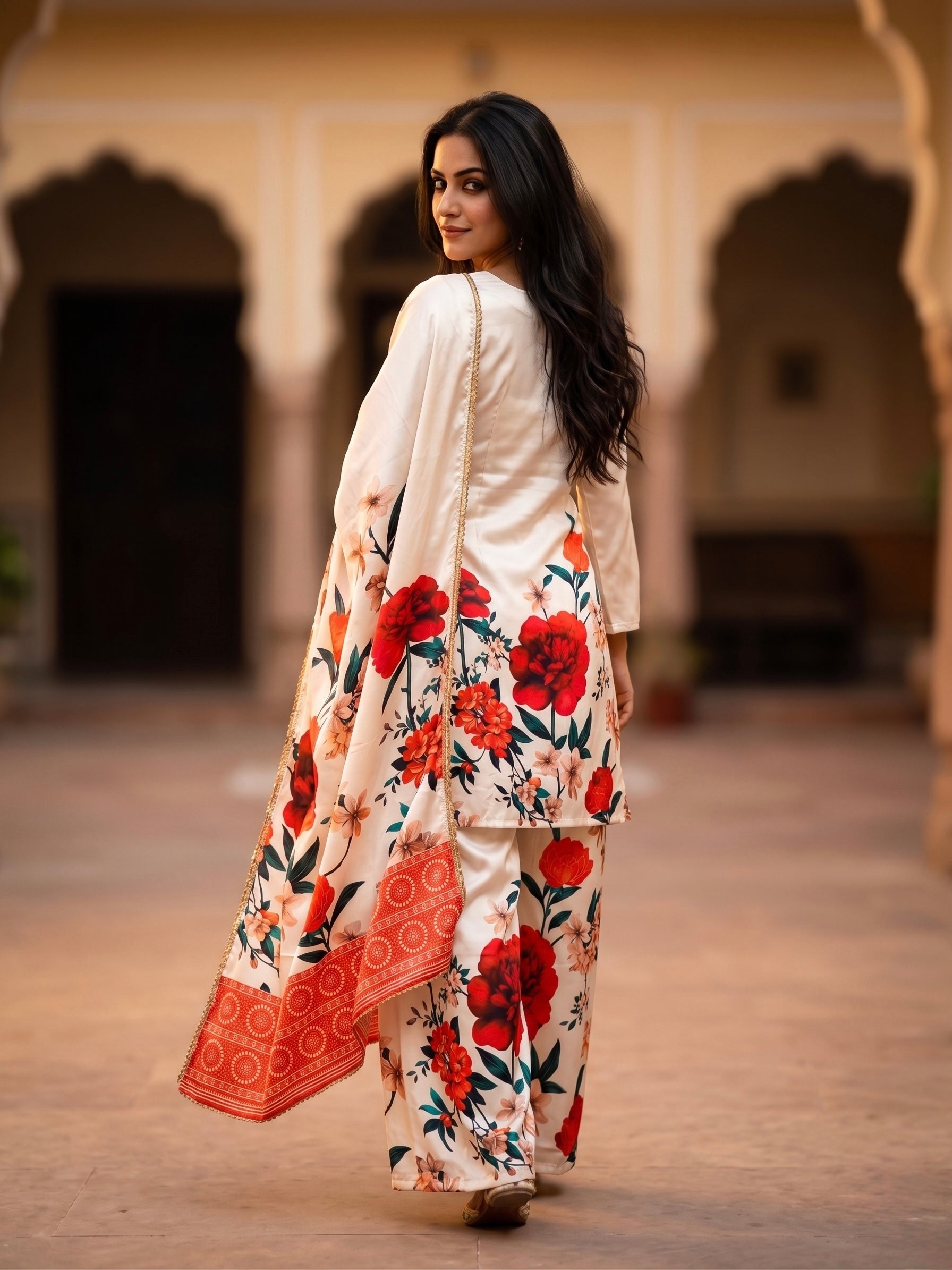 Women's Floral Printed Satin Kurti Palazzo Dupatta 3-Piece Suit Set | Ivory Red Festive Farsi Palazzo Set | Bell Sleeve A-Line Kurti Suit | Readymade M-XXL