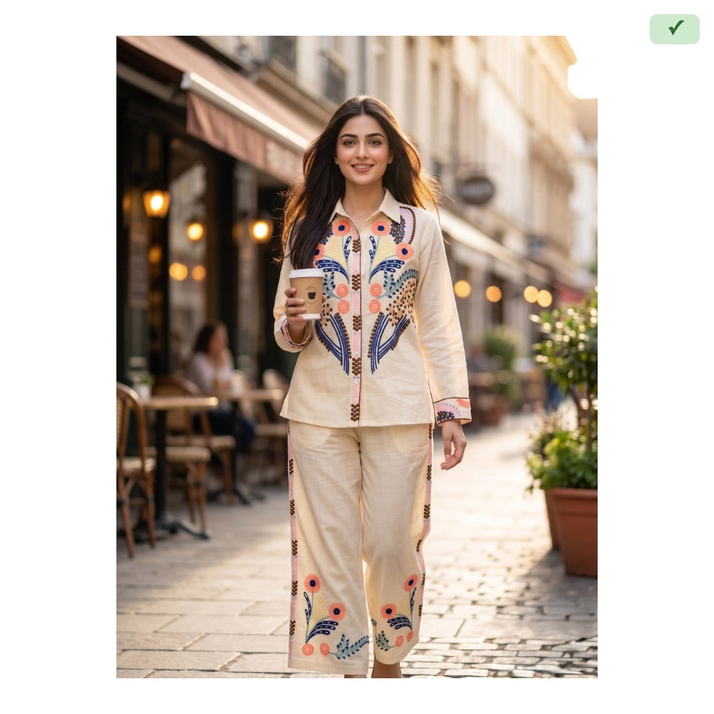 Sakant Cotton Linen Floral Embroidered Co-ord Set for Women | Ivory Shirt & Palazzo | Festive Casual